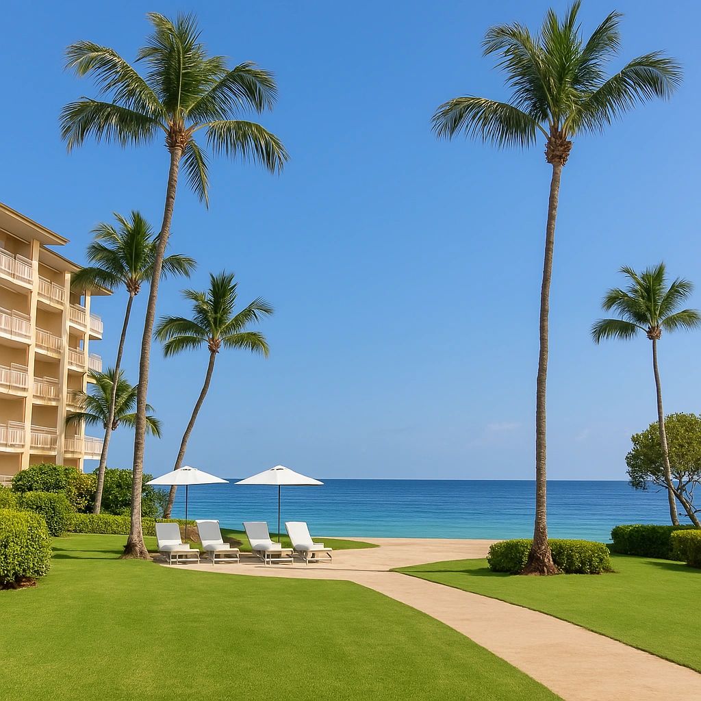 Beachfront resort lawn with palm trees and ocean views