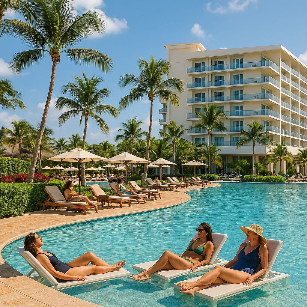 Friends relaxing in a tropical resort pool
