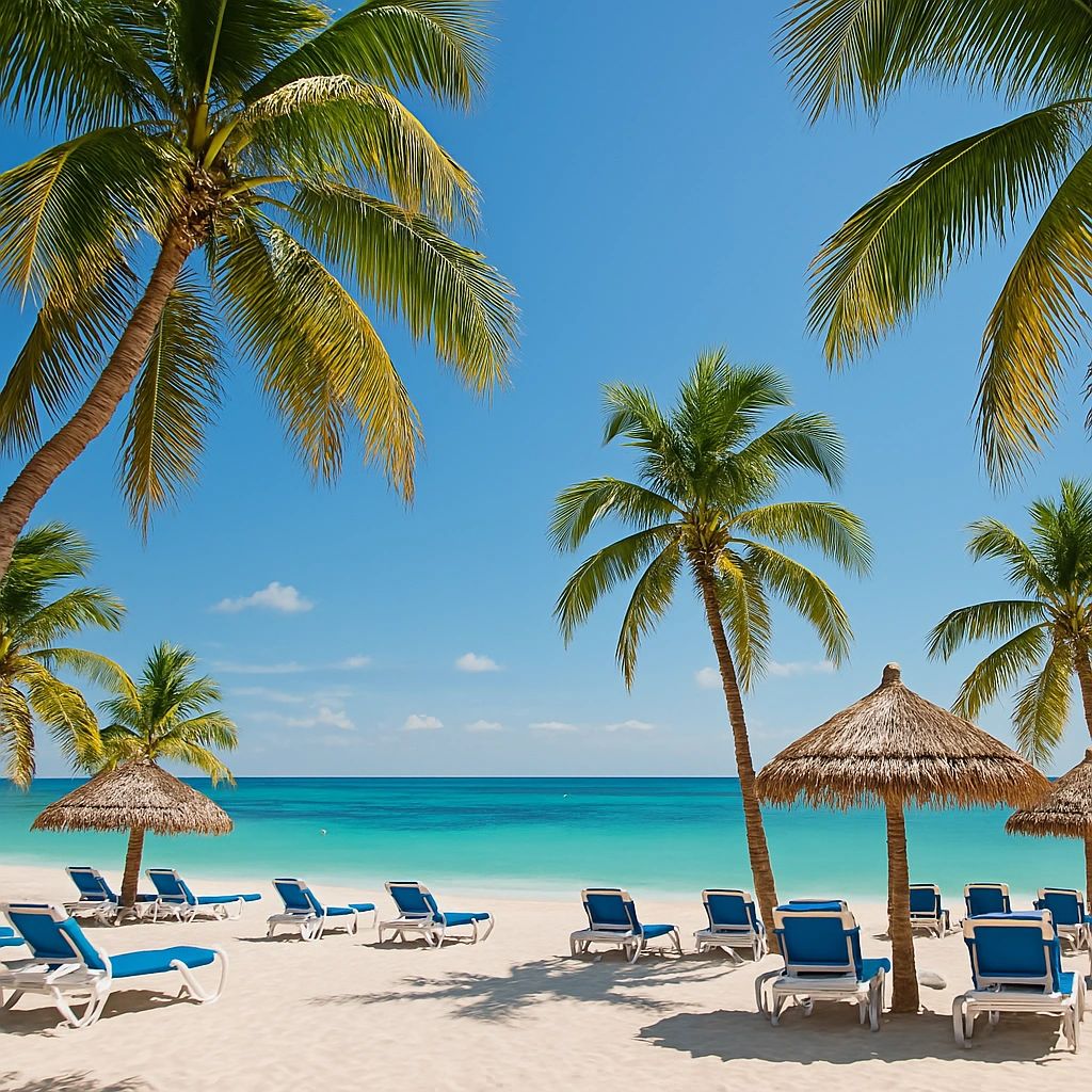 Palm-lined white sand beach with lounge chairs