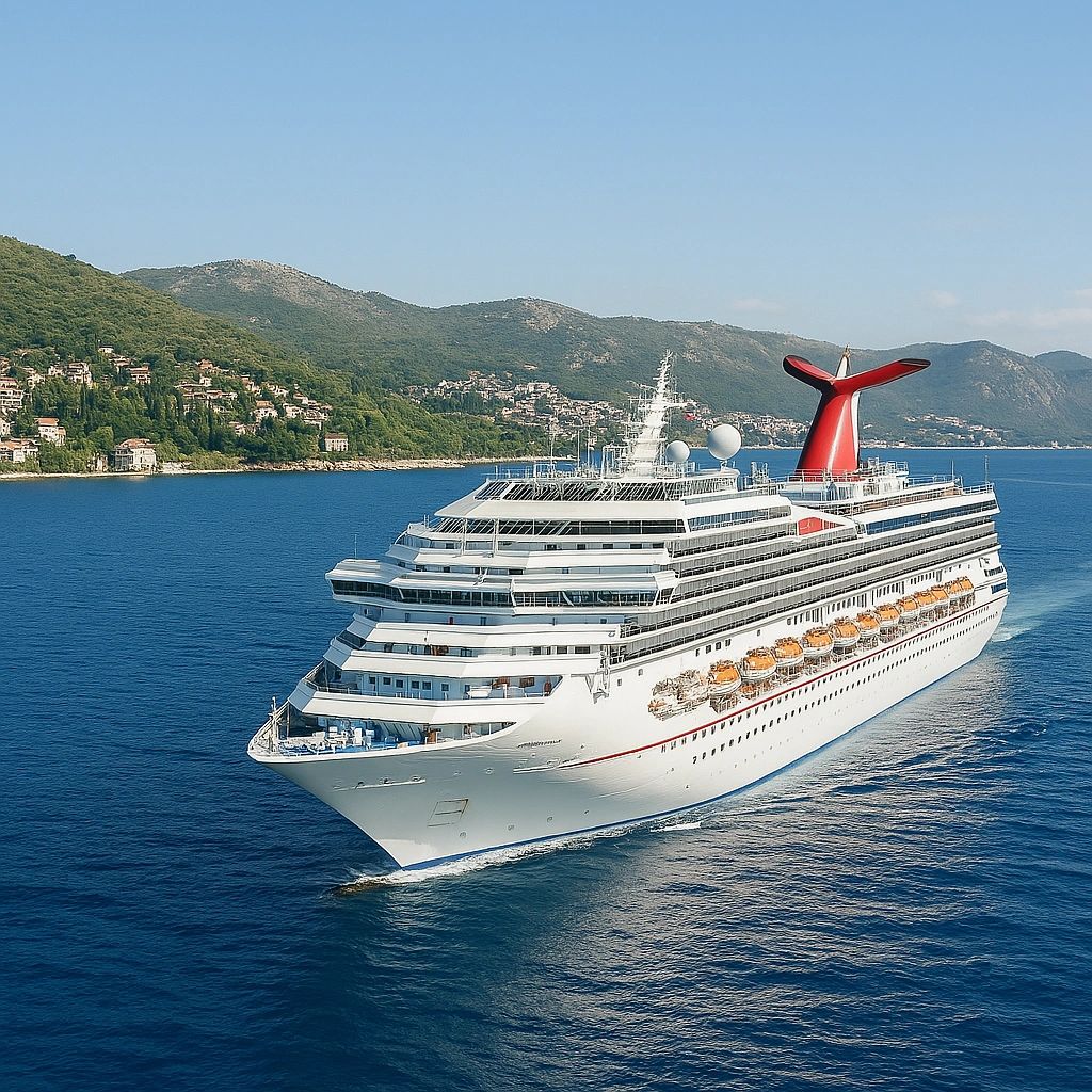 Carnival cruise ship sailing along a mountainous coast