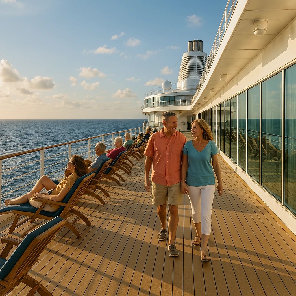 Couple walking together on a sunny cruise ship deck