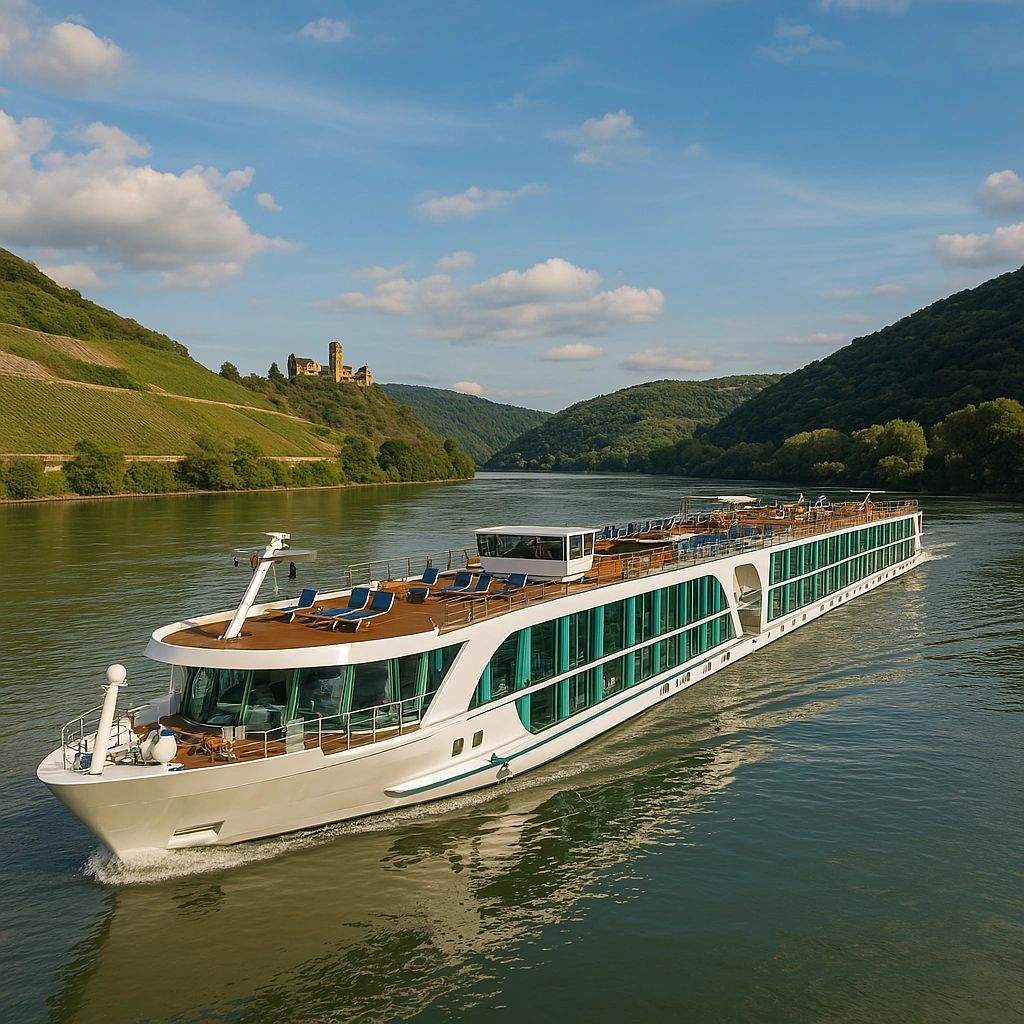 River cruise ship sailing between green hills and vineyards