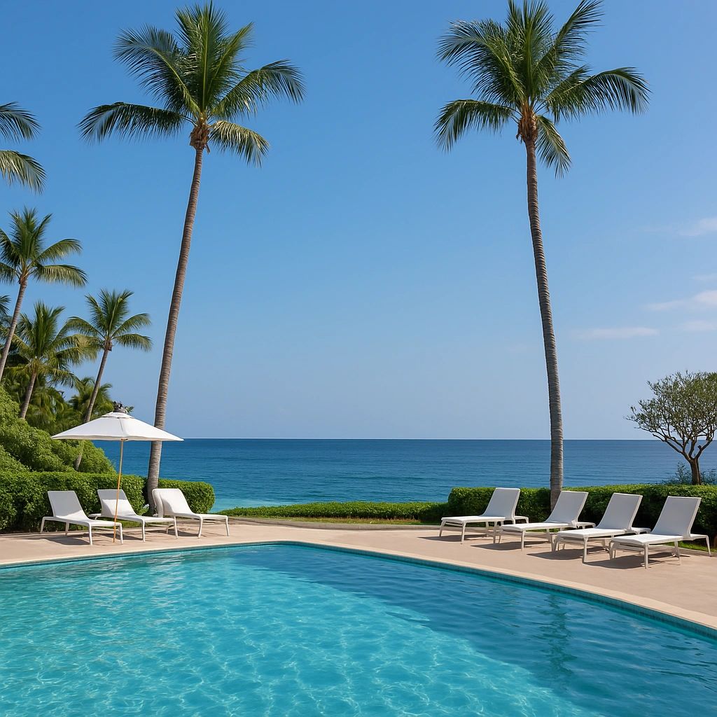 Tropical resort pool overlooking the ocean
